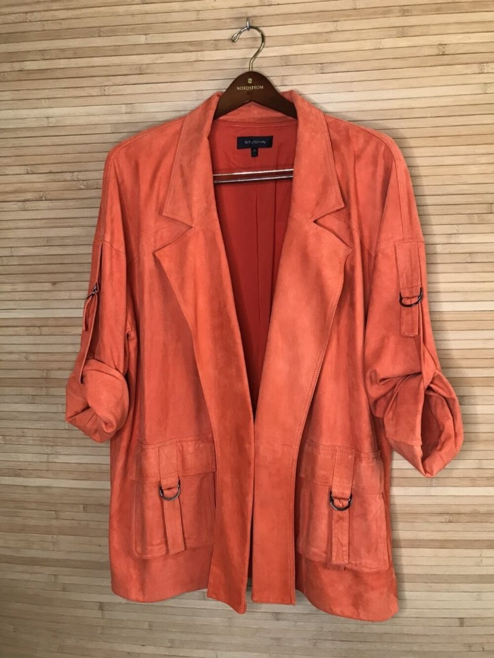 ST JOHN Orange Silken Suede Slouchy Strap Sleeve Jacket sz XL ($2595)